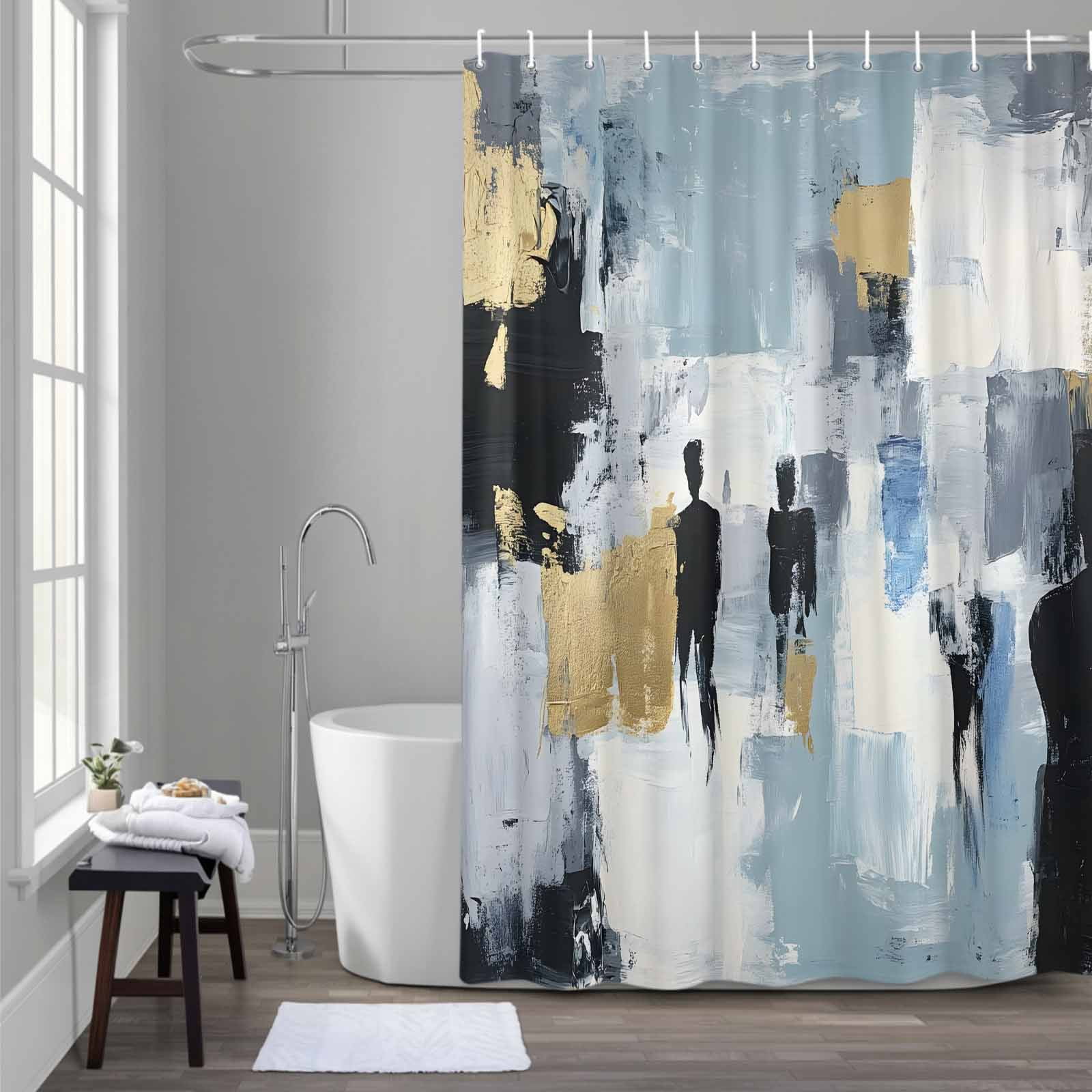 Abstract Style Shower Curtain for Bathroom Decor, Black Grey Blue Gold ...
