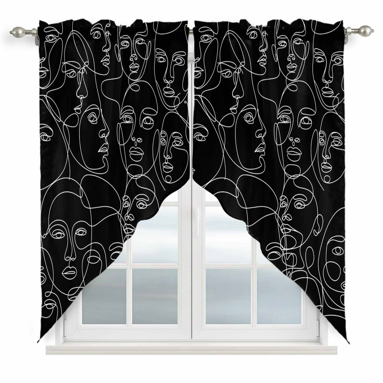 Abstract Style Swag Curtains Black Face Line Modern Character Art Swag ...