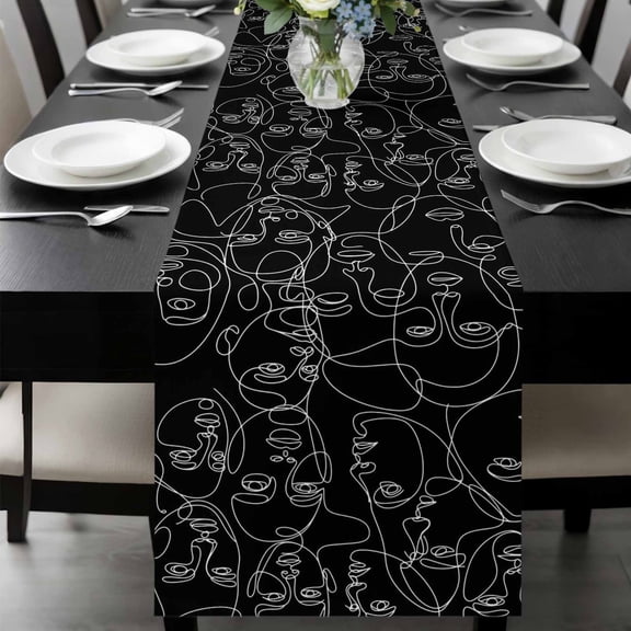 Abstract Style Table Runner 48 Inches Long, Black Face Line Modern Character Art Kitchen Coffee Dining Table Decoration for Home Party Birthday Wedding Home Decor 13x48 Inches