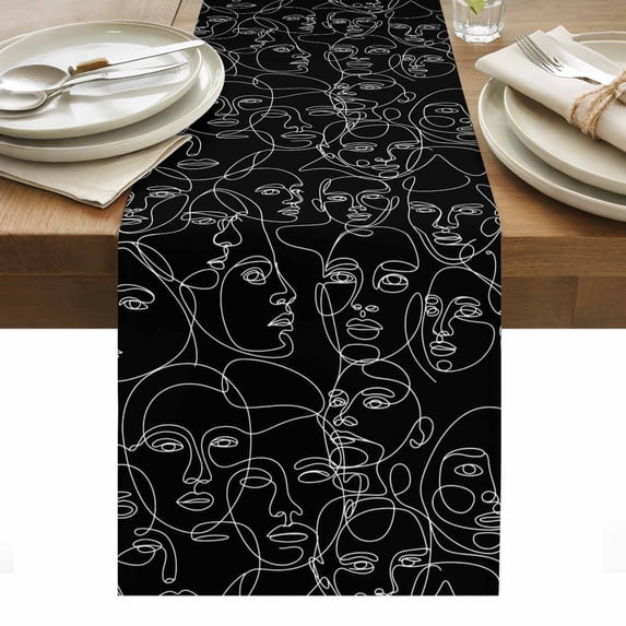 Abstract Style Table Runner - 60 Inch Long, Kitchen Dining Table Runner Dresser Scarves, Black Face Line Modern Character Art Farmhouse Decor for Coffee Tables Wedding Party Banquet