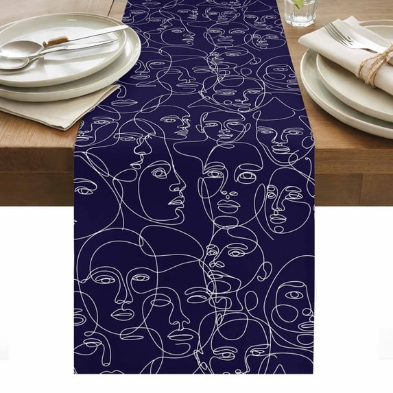 Abstract Style Table Runner - 60 Inch Long, Kitchen Dining Table Runner Dresser Scarves, Face Line Modern Character Art Navy Blue Farmhouse Decor for Coffee Tables Wedding Party Banquet