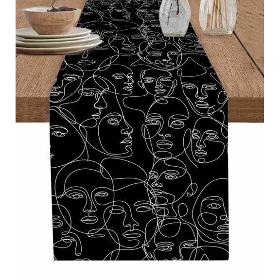 Abstract Style Table Runner 72 Inches, Black Face Line Modern Character Art Bed Runner Dresser Scarves Tabletop for Indoor Outdoor Parties/Ceremony/Banquet, 16" x 72"