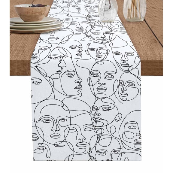 Abstract Style Table Runner 72 Inches, Face Line Modern Character Art White Bed Runner Dresser Scarves Tabletop for Indoor Outdoor Parties/Ceremony/Banquet, 18" x 72"