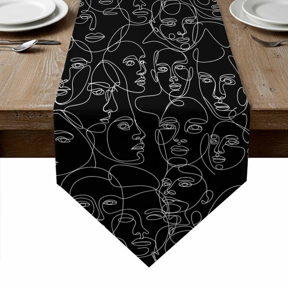 Abstract Style Table Runner Linen Burlap Table Runner 36 Inches Small Black Face Line Modern Character Art Dresser Scarves for Kitchen Island Coffee Dining Room Party Wedding Holiday Decor 13"x36"