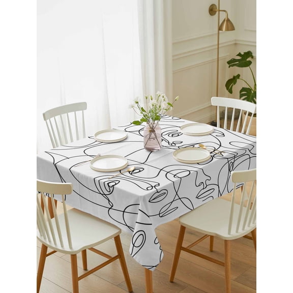 Abstract Style Tablecloth Rectangle Table Cloth 52x70, Waterproof Tablecloth Outdoor Table Cloth, Face Line Modern Character Art White Washable Table Cover for Kitchen Dinning Party