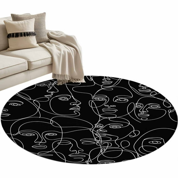 Abstract Style Washable Area Rug 3 ft Black Modern Simple Character Line Soft Round Rugs for Living Room, Non Slip Carpet for Bedroom Entryway Dining Room