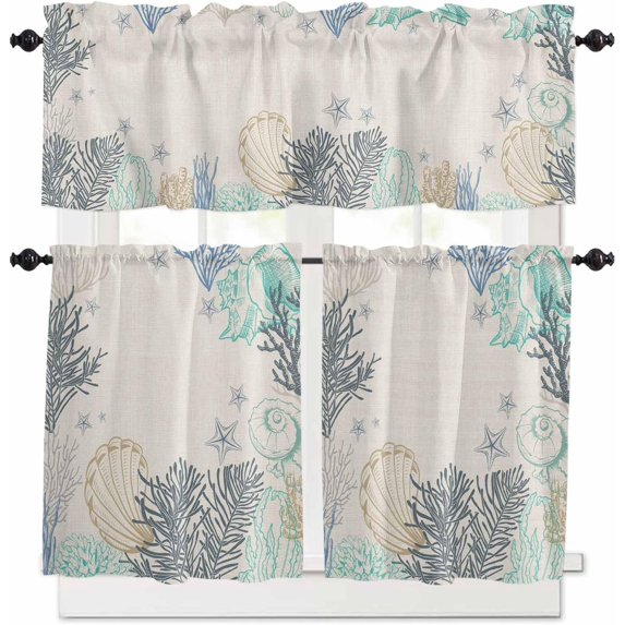 Abstract Summer Coral Kitchen Curtains and Valances Set, Rod Pocket Curtains Tier Farmhouse Window Curtains 36 Inch Length, Ocean Coastal Shell Starfish Seaweed 3 Piece Kitchen Curtains Set
