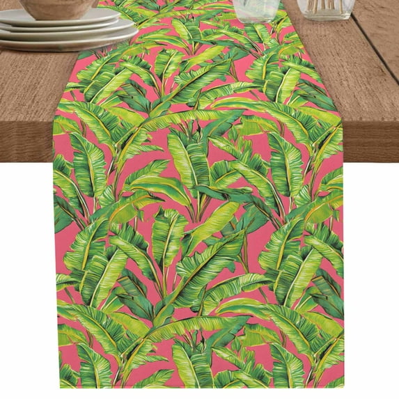 Abstract Summer Green Palm Leaves on Pink Table Runner-70 Inch Long Watercolor Leaf Table Runners Linen Burlap Tablerunner for Kitchen Dining Room Holiday Party