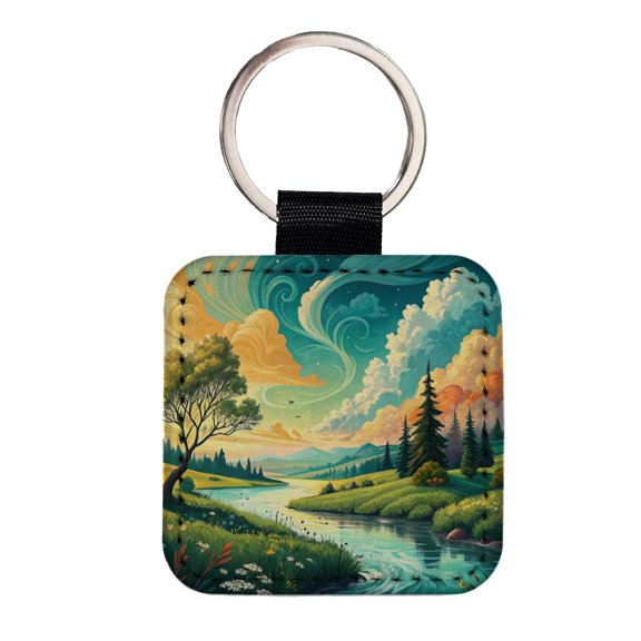 Abstract Summer Landscape Faux Leather Square Keychain