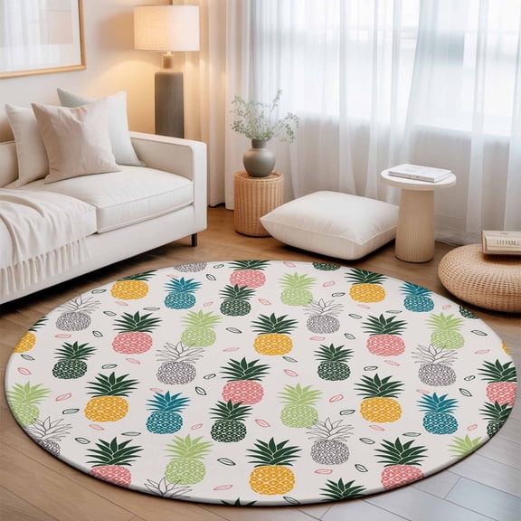 Abstract Summer Pineapple Round Rug 5ft Pink Blue Farm Fruit Washable Area Rugs for Living Room Bedroom Entryway Non Slip Entrance Door Mat Indoor Floor Carpet