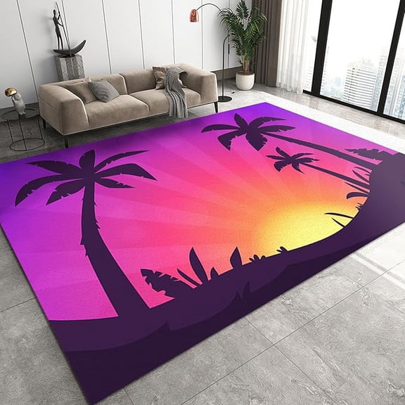 Abstract Summer Sunset Area Rug, Cartoon Coconut Tree Sun Silhouette Art Rugs, Anti-Slip Rubber Backed Washable Easy Clean Carpet For Living Room Bedroom Office Hallway Villa 3 x 4ft