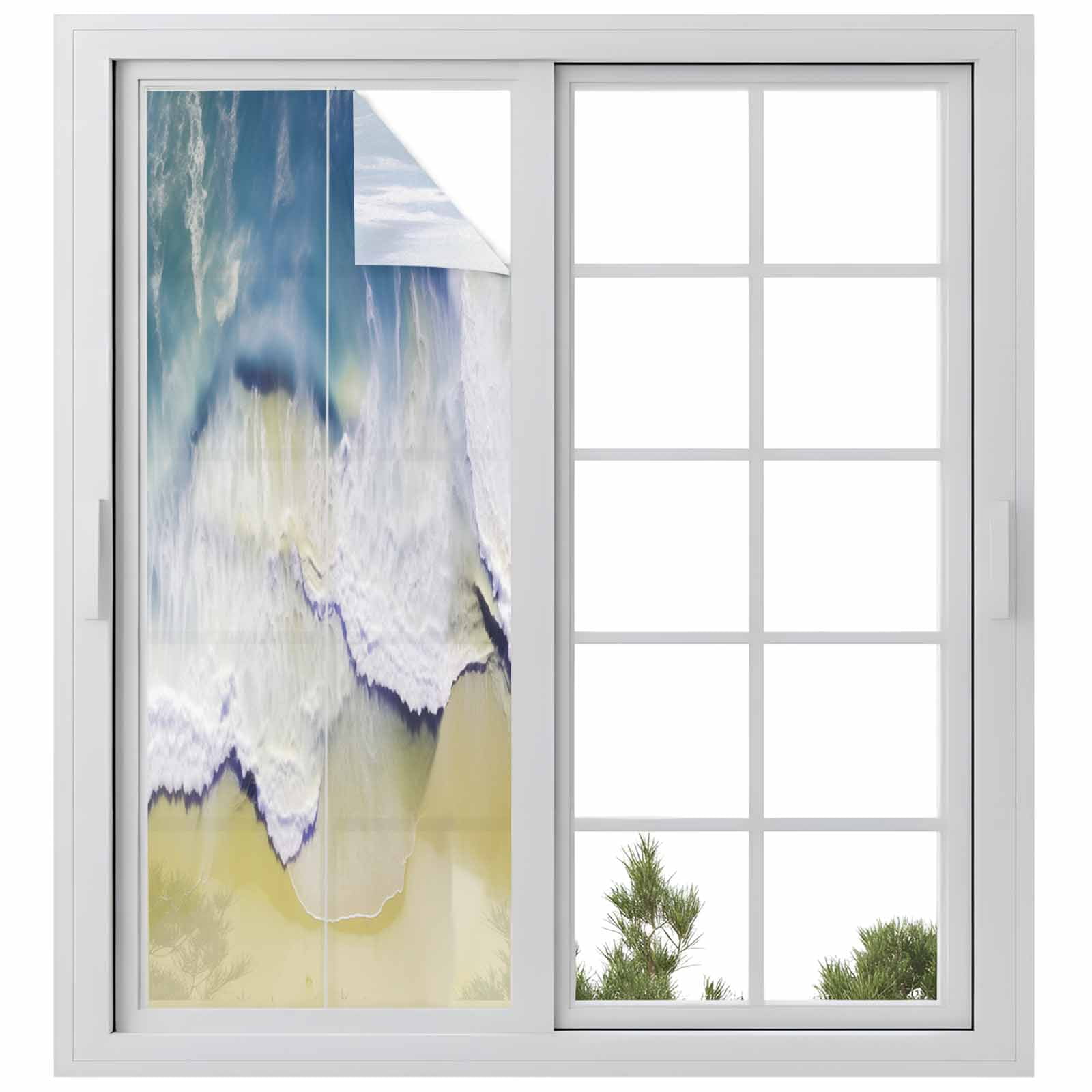 Abstract Summer Window Privacy Film, Ocean Beach Blue Wave Frosted Glass Window Clings Static Cling UV Heat Blocking Reusable Door Sticker for Bathroom 23.6 x 59 Inch