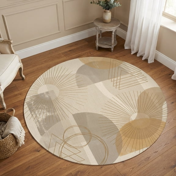 Abstract Sun 3FT Round Area Rug Vintage Ethnic Geometric Abstract Minimalist Pattern Small Round Rugs Non-Slip, Ultra-Thin Washable Rug Low Pile Circle Carpet for Bedroom Kitchen Nursery