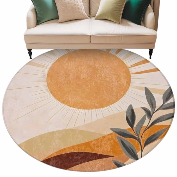 Abstract Sun Area Rug, Leaf Mountain Washable Large Circle Carpet, Non Slip Round Rug for Living Room/Bedroom/Dining Room/Home Office/Dorm