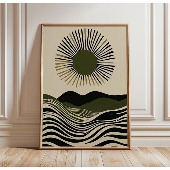 Abstract Sun Landscape Poster Minimal Modern Wall Art Green Wave Art, Unframed Poster