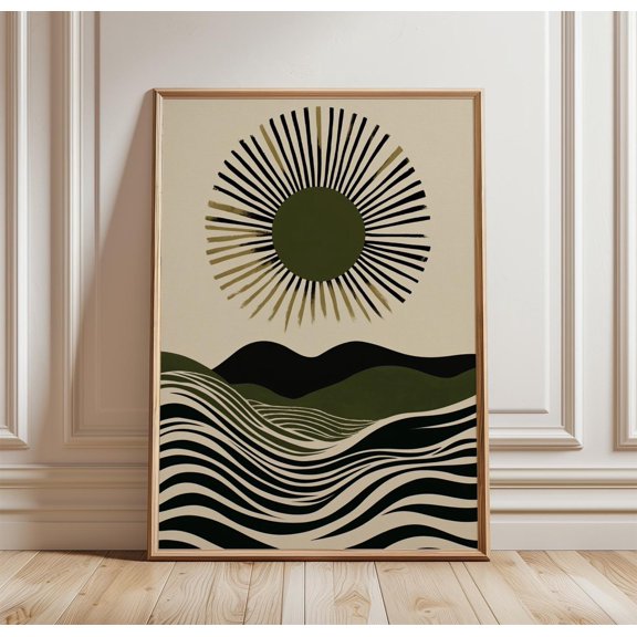 Abstract Sun Landscape Poster Minimal Modern Wall Art Green Wave Decor Print 1
