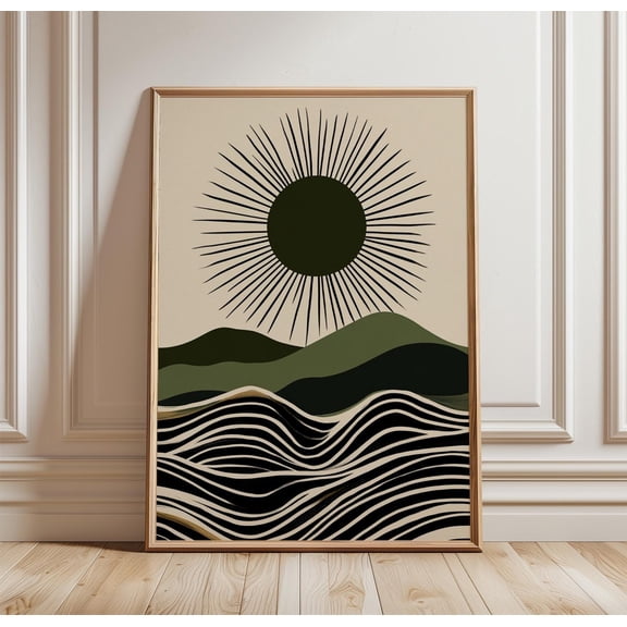 Abstract Sun Landscape Poster Minimal Modern Wall Art Green Wave Decor Print