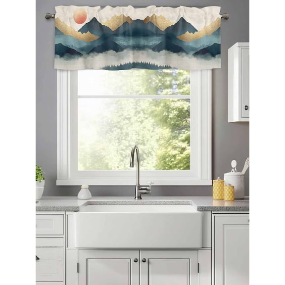 Abstract Sun Mountain Scenery Valances for Windows,Kitchen Valance Rod Pocket Short Curtain,Retro Gradient Art on Linen Valance Curtain Window Valances for Bedroom Living Room 42x12in