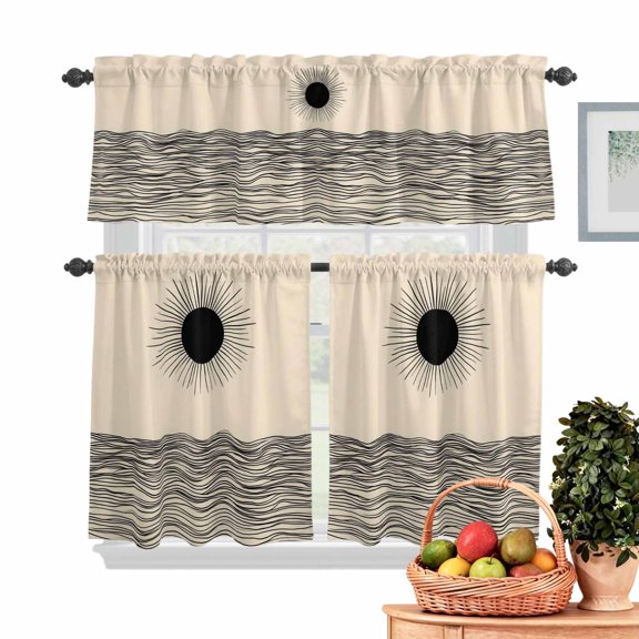 Abstract Sun Ocean Kitchen Curtains Valances 3 Piece Set, Modern Art Rod Pocket Tier Curtain and Valance Drapes for Small Window 24 Inch Length for Bedroom Cafe