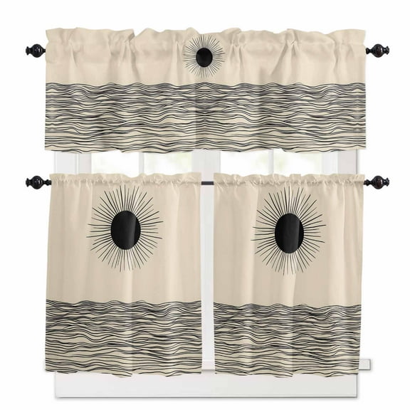 Abstract Sun Ocean Kitchen Curtains Valances and Tiers Set of 3, 24 Inch Length Tier Curtains and Valance Rod Pocket Valance Curtains Set for Kitchen Bathroom Small Windows