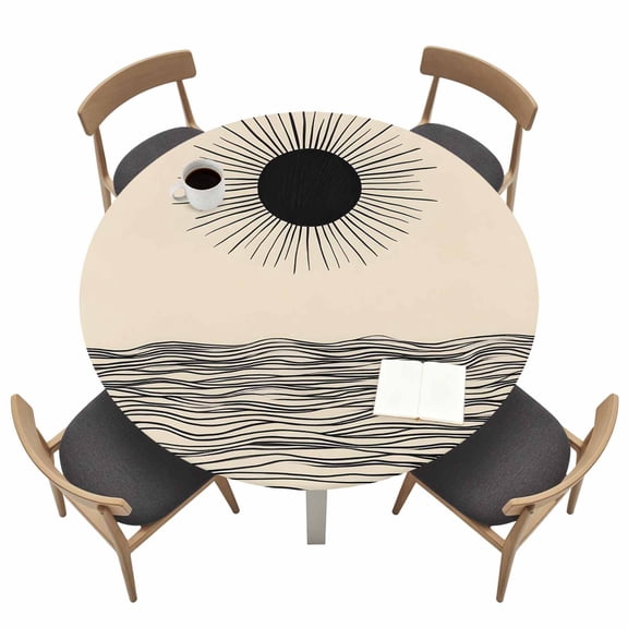 Abstract Sun Ocean Round Fitted Tablecloth with Elastic Edge Modern Art Table Cover Fit for 36"-44" Tables Waterproof Tablecloths for Dinner Camping Picnic