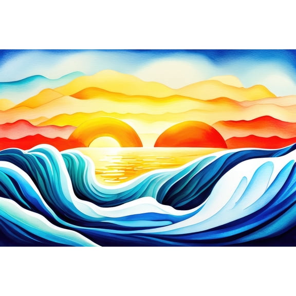 Abstract Sun Over Blue Watercolor Ocean Waves Painting I - 12" x 18" Art Print Wall Decor