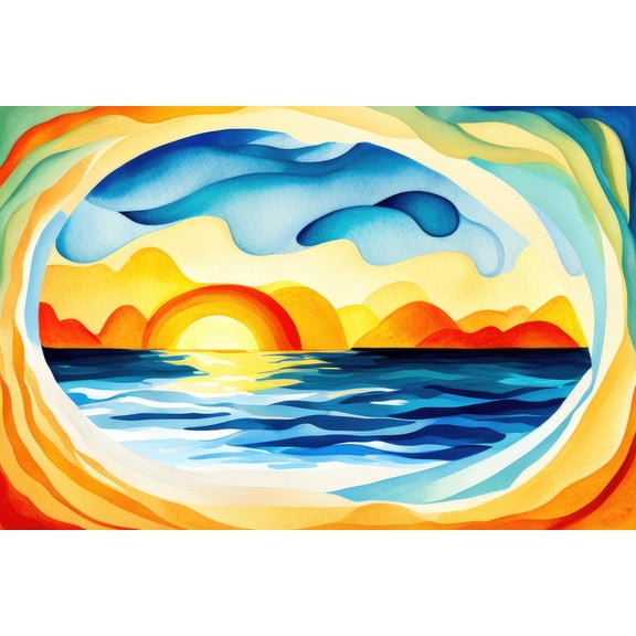 Abstract Sun Over Blue Watercolor Ocean Waves Painting II - 12" x 18" Art Print Wall Decor