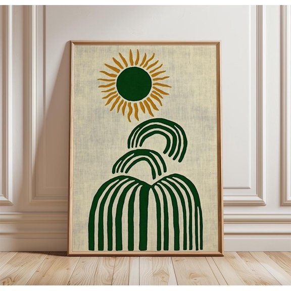 Abstract Sun Poster Mid Century Modern Wall Art Minimalist Botanical Print Green Neutral D