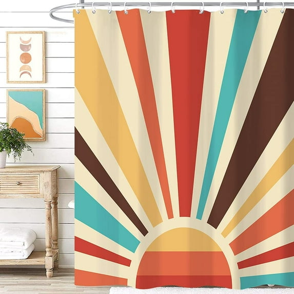 Abstract Sun Retro Sunrise Shower Curtain Set 71Wx71H Inches Colorful Minimalist Sunset Grunge Sunburst Polyester Waterproof Cloth Bathroom Curtain with 12 Plastic Hooks