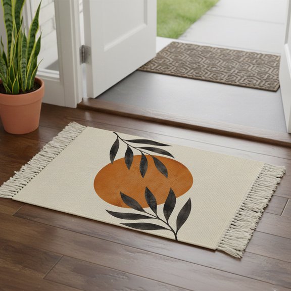Abstract Sun Runner Rug with Tassels 2'x3' Boho Minimalist Vintage Geometric Orange Sun Black Leaf Woven Runners for Hallways Washable Rug Runner Floor Carpet for Bedroom Living Room Kitchen