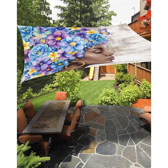 Abstract Sun Shade Sail 6.5'X10' Retro African-American Women Blue Purple Flower Butterfly UV Block Outdoor Sail Shades Breathable Waterproof Rectangular Sunshade for Patio Garden Pool Pergola Porch