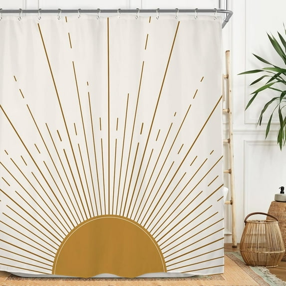 Abstract Sun Shower Curtain Set 60Wx72H Inches Modern Minimalist Mid Century Aesthetic Mustard Yellow Sunburst Sunrise Simple Polyester Waterproof Cloth Bathroom Curtain with 12 Hooks