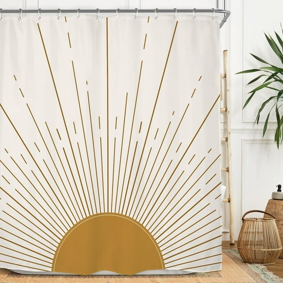 Abstract Sun Shower Curtain Set 71Wx71H Inches Modern Minimalist Mid Century Aesthetic Mustard Yellow Sunburst Sunrise Boho Simple Polyester Waterproof Cloth Bathroom Curtain with 12 Hooks