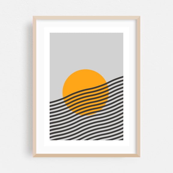 Abstract Sun and Waves - Photography Abstract Geometric Minimalist Sunset Modern Art Waves Mid-Century Modern Oak Framed Wall Art Print 12 x 16 inches