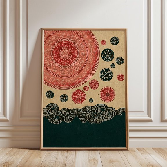 Abstract Sun and Symbols Woodblock Style Modern Nature Wall Art Print, Unframed Canvas 8x10in