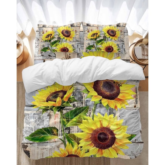 Abstract Sunflower Bedding Duvet Cover Set King Size 4 Pieces Watercolor Flower Leaf Newspaper Bedding Set with Zipper Closure, 1 Comforter Cover 92x106 Inches 1 Flat Sheet & 2 Pillow Cases