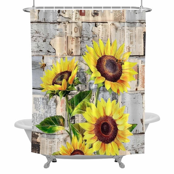 Abstract Sunflower Shower Curtain for Bathroom, Watercolor Flower Leaf Newspaper Waterproof Cloth Fabric Bathroom Accessories Set with 12 Rust Proof Plastic Hooks, 72"x84"
