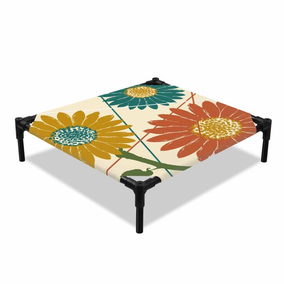Abstract Sunflowers Elevated Dog Bed, Boho Modern Yellow Green Red Flower Lines Cooling Breathable Outdoor Raised Dog Cot Bed with Metal Frame Non-Slip Feet for Small Dog 20x20in