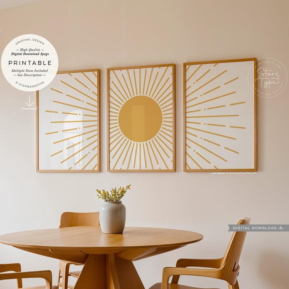 Abstract Sunrays S Minimalist Mid Century Modern Boho Art Three Piece Yellow Decor Print Jpgs, Poster Only
