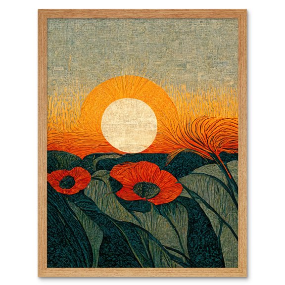 Abstract Sunrise Over Poppy Meadow William Morris Style Art Print Framed Poster Wall Decor 12x16 inch