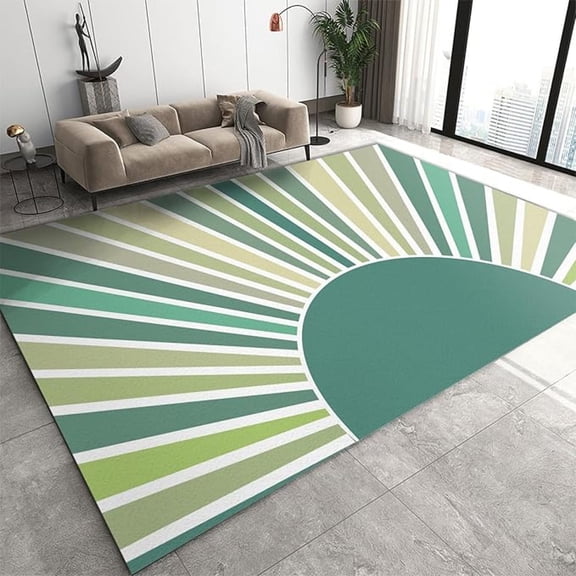 Abstract Sunrise Rug, Medieval Green Rainbow Stripes Large Area Rug, Low Pile With Non Slip Backing Washable Rug For Living Room Bedroom Children's Room Dormitory Decor Floor Mat 1x2ft