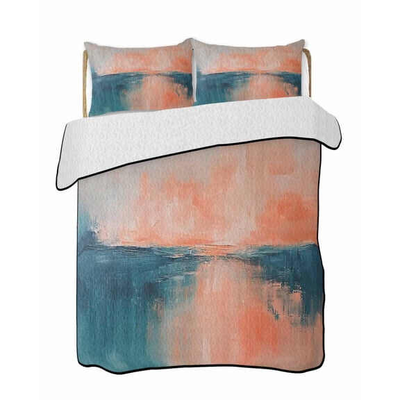 Abstract Sunrise Sunset Quilts Bedding Set King Size Ocean Modern Oil Painting Lightweight Quilted Bedspread 3 Piece Bed Quilt with 2 Pillow Shams All Season for Bedroom 90" x 96"