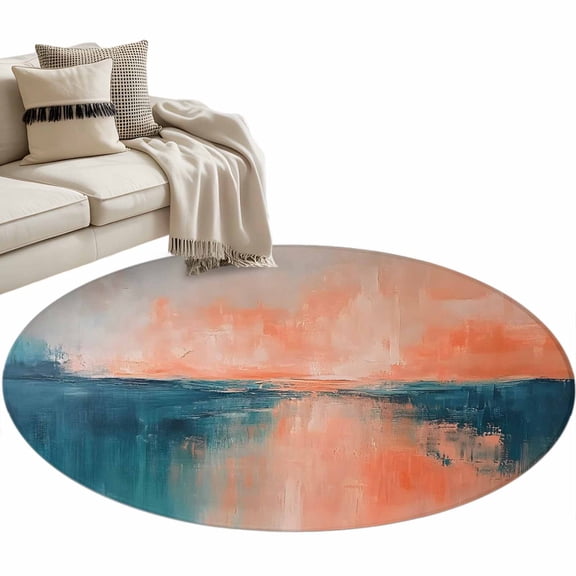 Abstract Sunrise Sunset Round Area&nbsp;Rug 3ft Ocean Modern Oil Painting Non-Slip&nbsp;Washable Circle Rugs Soft Felt Indoor Floor Mat for Bedroom Kitchen Living Room Bathroom