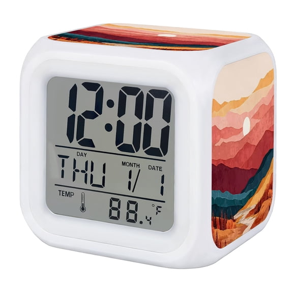 Abstract Sunset Digital Alarm Clock for Bedrooms,Smart LED Alarm Clock with 7 Color Changing Night Light,Boho Gradient Red Brown Country Mountain Forest Silent Wake Up Clocks for Sleep Study
