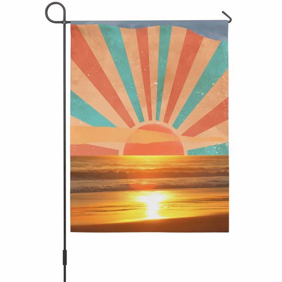 Abstract Sunset Garden Flag 12 x 18 Inches, Seaside Orange Landscape Vintage Collage Weather Proof Outdoor Patio Flags Double Sided Small Garden Decoration for Yard Outside Home