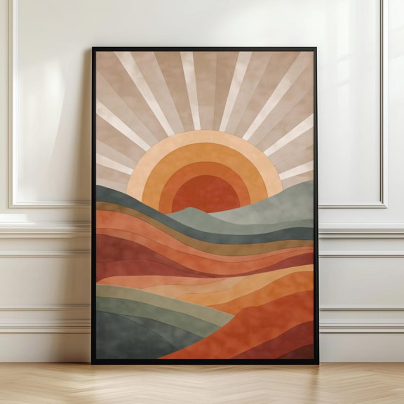 Abstract Sunset Hills Wall Art Retro Boho Sun Rays Landscape Warm Earth Tone Mountain Illustration Modern Decor