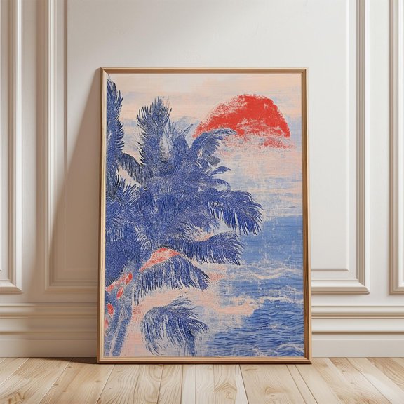 Abstract Sunset Landscape Palm Tree Scenery Tropical Beach Wall Art, Unframed Paper Poster 8x10in