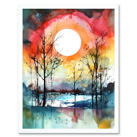 Abstract Sunset Landscape Watercolour Painting Countryside Lake Autumn Trees Art Print Framed Poster Wall Decor 12x16 inch