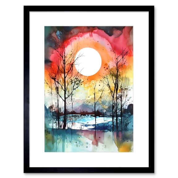 Abstract Sunset Landscape Watercolour Painting Countryside Lake Autumn Trees Artwork Framed Wall Art Print 9X7 Inch