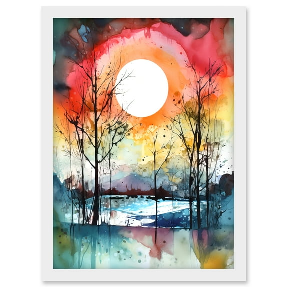 Abstract Sunset Landscape Watercolour Painting Countryside Lake Autumn Trees Artwork Framed Wall Art Print A4